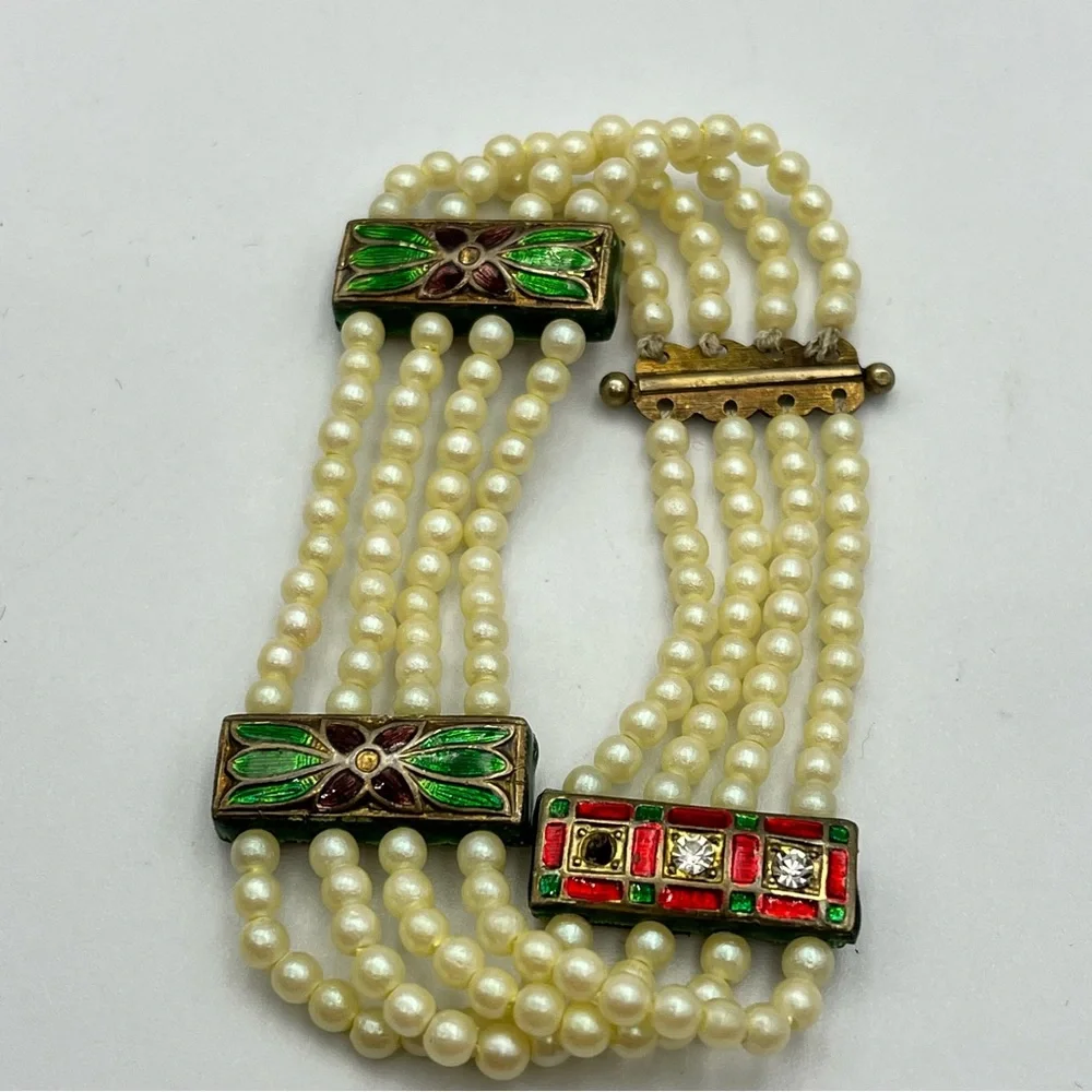 Vintage cloisonné faux pearl rhinestone layered bracelet
